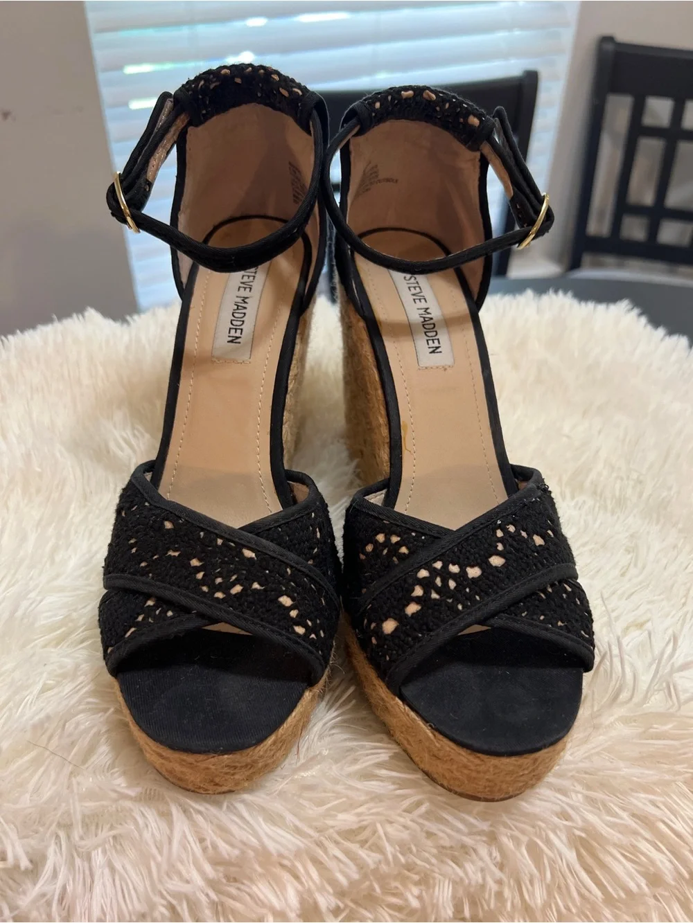 Steve Madden Black Lace Espadrille Wedge Sandals with Jute Platform